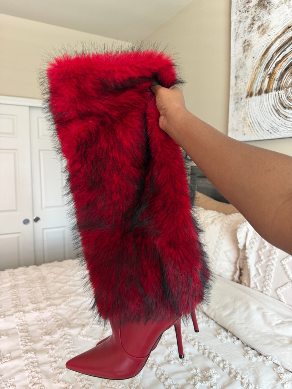 Red Faux Fur Knee-High Stiletto Boots